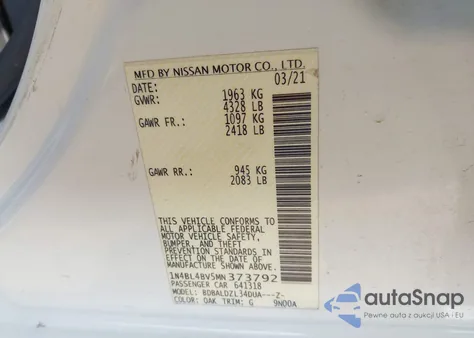 2021 Nissan Altima S Fwd z USA, uszkodzony, nr VIN 1N4BL4BV5MN373792